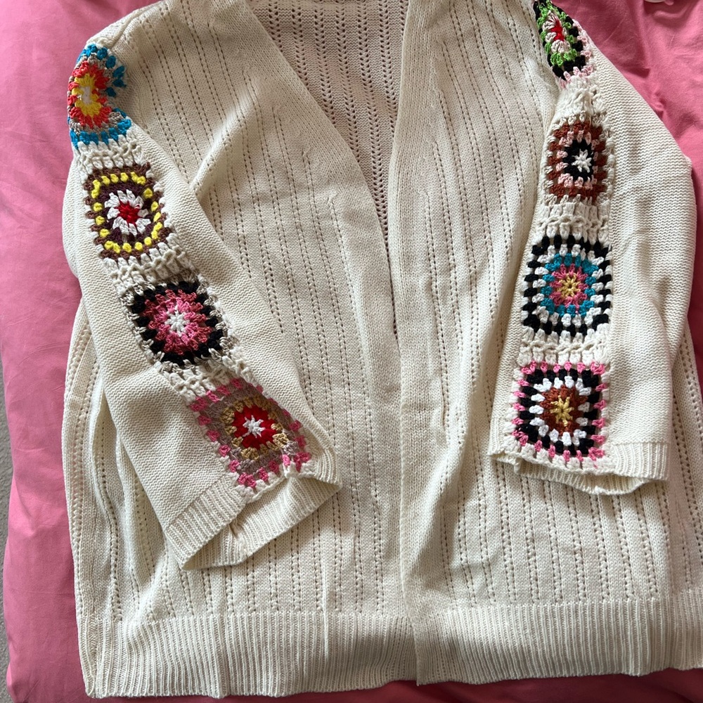 Women's Cream Crochet granny square Sleeve Sweater